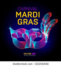 Vector mardi gras venetian mask silhouette contour with feather in abstract 3d geometry lines texture and outline gradient waves vintage modern trendy graphic design illustration on dark background