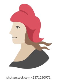 Vector Marianne icon. Traditional French symbol illustration. Female face profile. Woman head in red hat isolated on white background.
