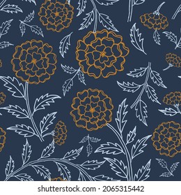 Vector marigold seamless repeat pattern background.Perfect for wrapping paper, scrapbooking, fabric, and textile.