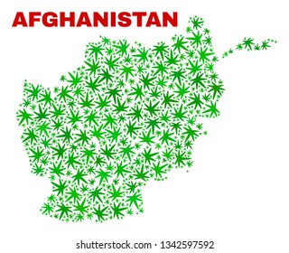 Vector marijuana Afghanistan map collage. Template with green weed leaves for weed legalize campaign. Vector Afghanistan map is organized with weed leaves.