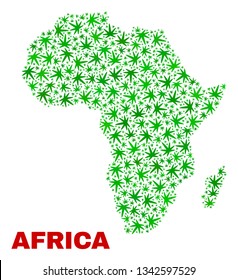 Vector marijuana Africa map collage. Template with green weed leaves for cannabis legalize campaign. Vector Africa map is formed with cannabis leaves.