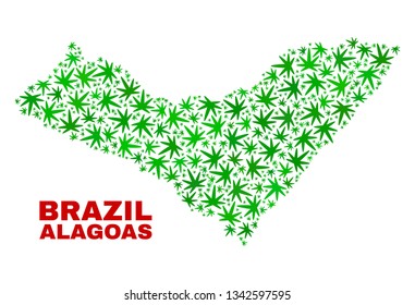 Vector marijuana Alagoas State map collage. Concept with green weed leaves for marijuana legalize campaign. Vector Alagoas State map is designed with marijuana leaves.