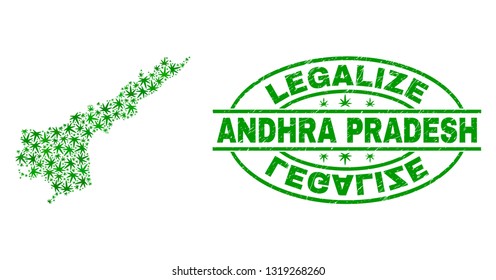 Vector marijuana Andhra Pradesh State map collage and grunge textured Legalize stamp seal. Concept with green weed leaves. Concept for cannabis legalize campaign.