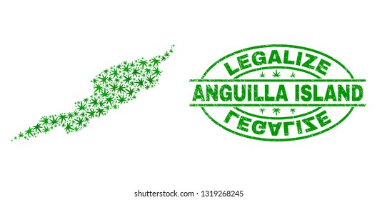 Vector marijuana Anguilla Island map mosaic and grunge textured Legalize stamp seal. Concept with green weed leaves. Concept for cannabis legalize campaign.