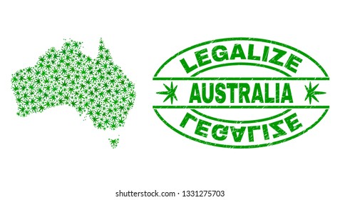 Vector marijuana Australia map collage and grunge textured Legalize stamp seal. Concept with green weed leaves. Concept for cannabis legalize campaign.