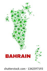 Vector marijuana Bahrain map mosaic. Template with green weed leaves for weed legalize campaign. Vector Bahrain map is formed with weed leaves.