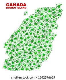 Vector marijuana Bowen Island map mosaic. Concept with green weed leaves for marijuana legalize campaign. Vector Bowen Island map is constructed with ganja leaves.