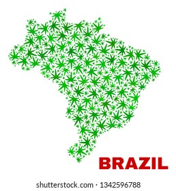 Vector marijuana Brazil map mosaic. Template with green weed leaves for marijuana legalize campaign. Vector Brazil map is constructed from weed leaves.