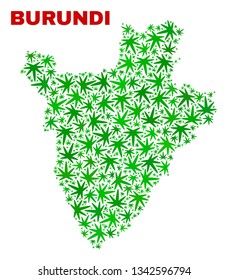 Vector marijuana Burundi map mosaic. Concept with green weed leaves for marijuana legalize campaign. Vector Burundi map is constructed with marijuana leaves.