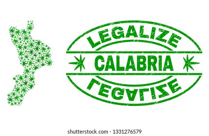 Vector marijuana Calabria region map collage and grunge textured Legalize stamp seal. Concept with green weed leaves. Concept for cannabis legalize campaign.
