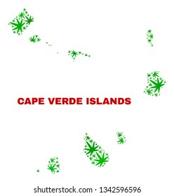 Vector marijuana Cape Verde Islands map mosaic. Template with green weed leaves for weed legalize campaign. Vector Cape Verde Islands map is created with weed leaves.