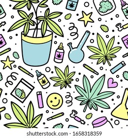 Vector marijuana cartoon seamless pattern on white background. Smoking weed doodle seamless pattern.