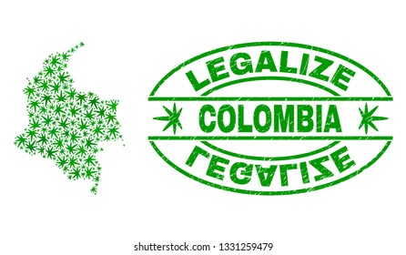 Vector marijuana Colombia map mosaic and grunge textured Legalize stamp seal. Concept with green weed leaves. Concept for cannabis legalize campaign.