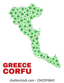 Vector marijuana Corfu Island map mosaic. Concept with green weed leaves for marijuana legalize campaign. Vector Corfu Island map is designed with marijuana leaves.