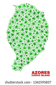 Vector marijuana Corvo Island map mosaic. Concept with green weed leaves for weed legalize campaign. Vector Corvo Island map is formed from marijuana leaves.