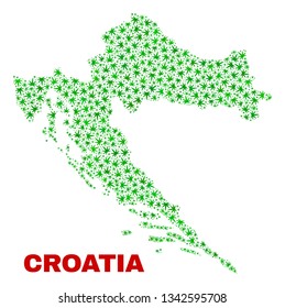Vector marijuana Croatia map mosaic. Template with green weed leaves for cannabis legalize campaign. Vector Croatia map is created with marijuana leaves.