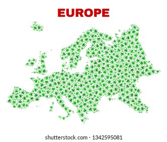Vector marijuana Europe map mosaic. Concept with green weed leaves for marijuana legalize campaign. Vector Europe map is organized from marijuana leaves.