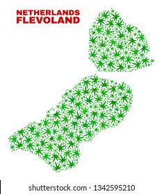 Vector marijuana Flevoland Province map mosaic. Template with green weed leaves for weed legalize campaign. Vector Flevoland Province map is constructed with weed leaves.