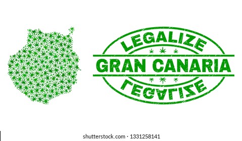 Vector marijuana Gran Canaria map collage and grunge textured Legalize stamp seal. Concept with green weed leaves. Concept for cannabis legalize campaign.