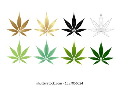 Vector Marijuana Green icon and blak Leaf set isolated on white background.