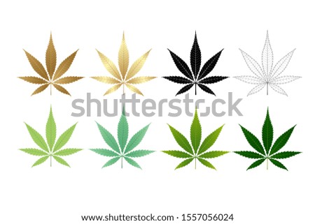 Vector Marijuana Green icon and blak Leaf set isolated on white background.