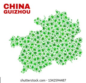 Vector marijuana Guizhou Province map collage. Template with green weed leaves for marijuana legalize campaign. Vector Guizhou Province map is designed with marijuana leaves.