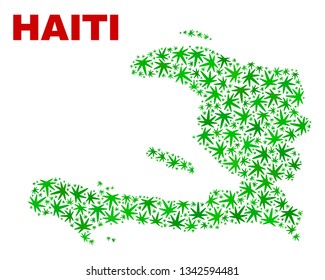 Vector marijuana Haiti map collage. Template with green weed leaves for marijuana legalize campaign. Vector Haiti map is constructed with herbal leaves.