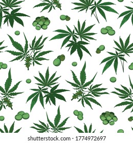 Vector marijuana hemp leaves with seeds seamless pattern background on white surface