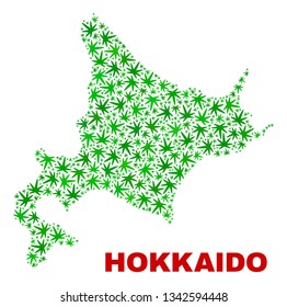 Vector marijuana Hokkaido map mosaic. Concept with green weed leaves for weed legalize campaign. Vector Hokkaido map is constructed of weed leaves.