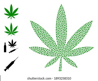 Vector marijuana icon covid mosaic. Marijuana mosaic is constructed from little covid viral parts. Image is constructed for pandemic wallpapers.