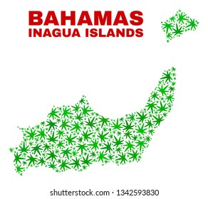 Vector marijuana Inagua Islands map collage. Template with green weed leaves for marijuana legalize campaign. Vector Inagua Islands map is constructed with weed leaves.
