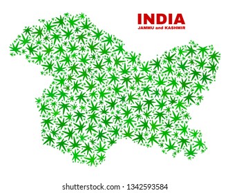 Vector marijuana Jammu and Kashmir State map collage. Template with green weed leaves for weed legalize campaign. Vector Jammu and Kashmir State map is formed of marijuana leaves.