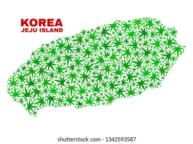 Vector marijuana Jeju Island map mosaic. Concept with green weed leaves for weed legalize campaign. Vector Jeju Island map is constructed with ganja leaves.