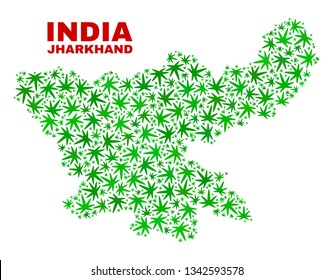 Vector marijuana Jharkhand State map mosaic. Template with green weed leaves for weed legalize campaign. Vector Jharkhand State map is designed with weed leaves.