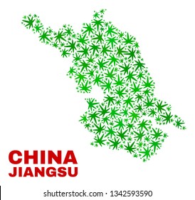 Vector marijuana Jiangsu Province map mosaic. Concept with green weed leaves for weed legalize campaign. Vector Jiangsu Province map is created with marijuana leaves.
