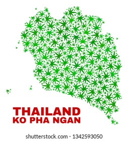 Vector marijuana Ko Pha Ngan map collage. Concept with green weed leaves for weed legalize campaign. Vector Ko Pha Ngan map is formed from marijuana leaves.