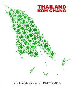 Vector marijuana Koh Chang map collage. Template with green weed leaves for weed legalize campaign. Vector Koh Chang map is constructed with marijuana leaves.