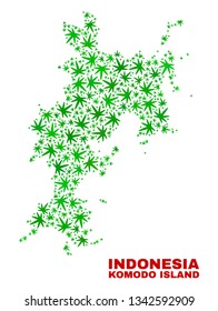 Vector marijuana Komodo Island map mosaic. Concept with green weed leaves for marijuana legalize campaign. Vector Komodo Island map is composed of weed leaves.