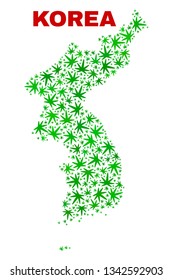 Vector marijuana Korea map collage. Concept with green weed leaves for weed legalize campaign. Vector Korea map is designed from weed leaves.
