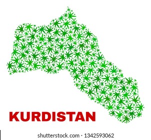 Vector marijuana Kurdistan map mosaic. Concept with green weed leaves for marijuana legalize campaign. Vector Kurdistan map is organized with marijuana leaves.
