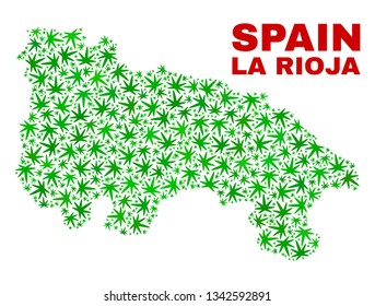 Vector marijuana La Rioja of Spain map mosaic. Template with green weed leaves for weed legalize campaign. Vector La Rioja of Spain map is organized with ganja leaves.