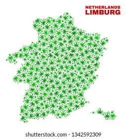 Vector marijuana Limburg Province map mosaic. Template with green weed leaves for weed legalize campaign. Vector Limburg Province map is formed of weed leaves.