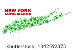 Vector marijuana Long Island map collage. Concept with green weed leaves for hemp legalize campaign. Vector Long Island map is organized with marijuana leaves.