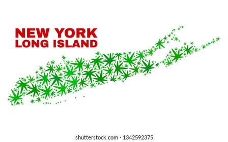 Vector marijuana Long Island map collage. Concept with green weed leaves for hemp legalize campaign. Vector Long Island map is organized with marijuana leaves.