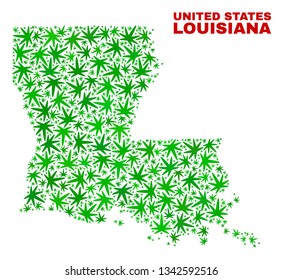 Vector marijuana Louisiana State map mosaic. Template with green weed leaves for marijuana legalize campaign. Vector Louisiana State map is constructed with marijuana leaves.