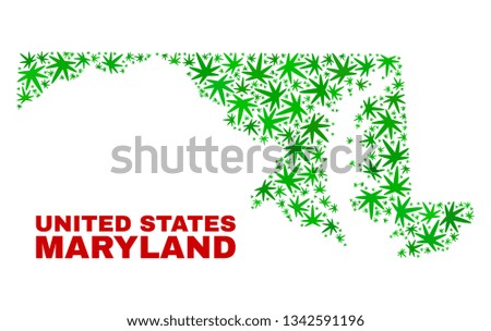 Vector marijuana Maryland State map mosaic. Concept with green weed leaves for weed legalize campaign. Vector Maryland State map is composed with weed leaves.