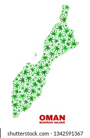 Vector marijuana Masirah Island map collage. Template with green weed leaves for weed legalize campaign. Vector Masirah Island map is created with weed leaves.