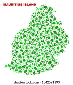 Vector marijuana Mauritius Island map mosaic. Concept with green weed leaves for marijuana legalize campaign. Vector Mauritius Island map is composed of marijuana leaves.