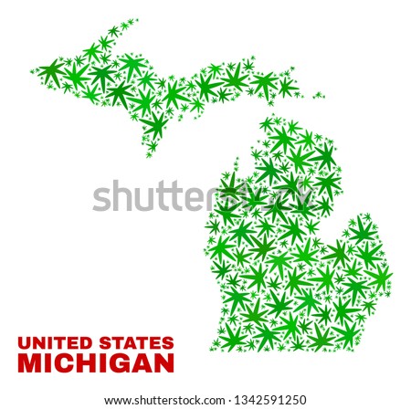 Vector marijuana Michigan State map collage. Concept with green weed leaves for weed legalize campaign. Vector Michigan State map is formed with weed leaves.