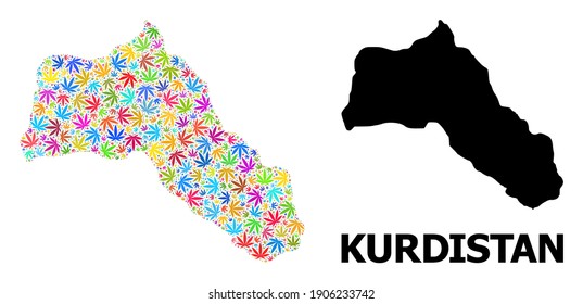 Vector marijuana mosaic and solid map of Kurdistan. Map of Kurdistan vector mosaic for hemp legalize campaign. Map of Kurdistan is composed from multi-colored marijuana leaves.